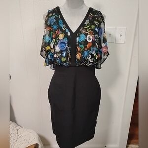 Nicole Miller Size 12 Black Floral Boho Chic Dress Romantic Artsy Feminine Sexy